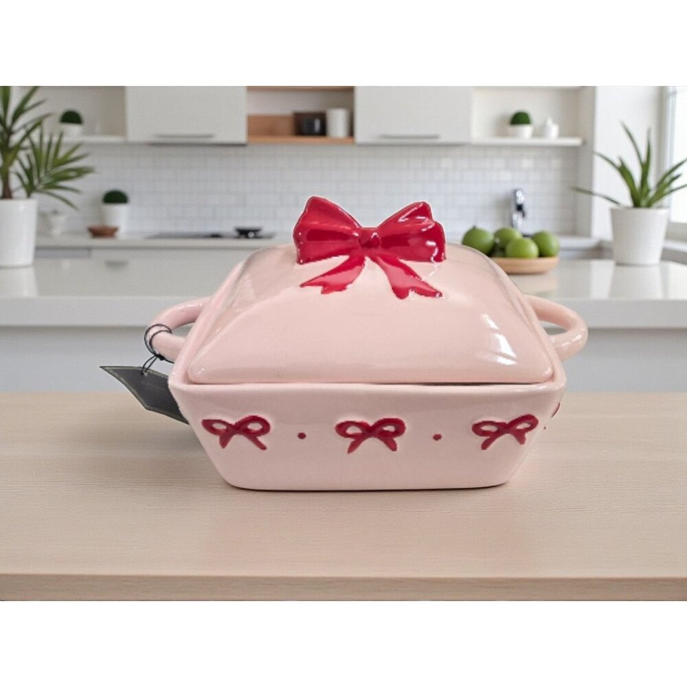 New Holiday Cute Pink / Red Bow 9in Baking Dish Loaf Pan Casserole Dish Bakeware